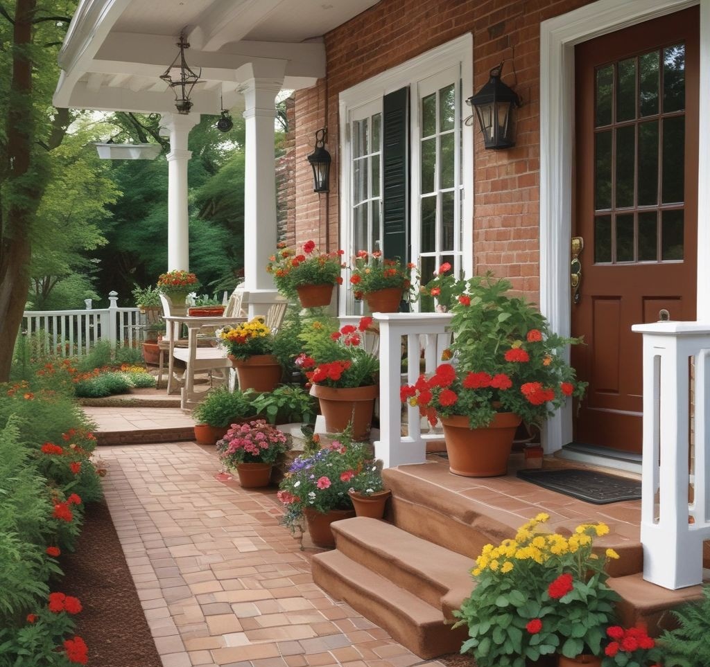 A front yard with colorful potted flowers arranged along a small flower bed near the porch. Large terracotta and ceramic pots filled with geraniums, daisies, and ferns add a dynamic touch. A welcoming doormat and a porch swing enhance the cozy atmosphere.
