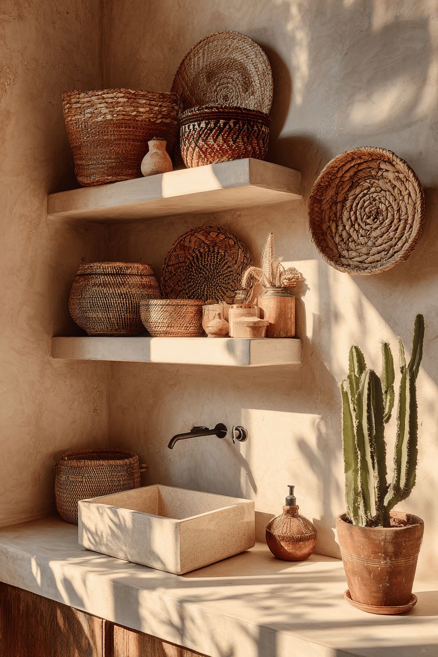 Display Woven Baskets on Bathroom Walls