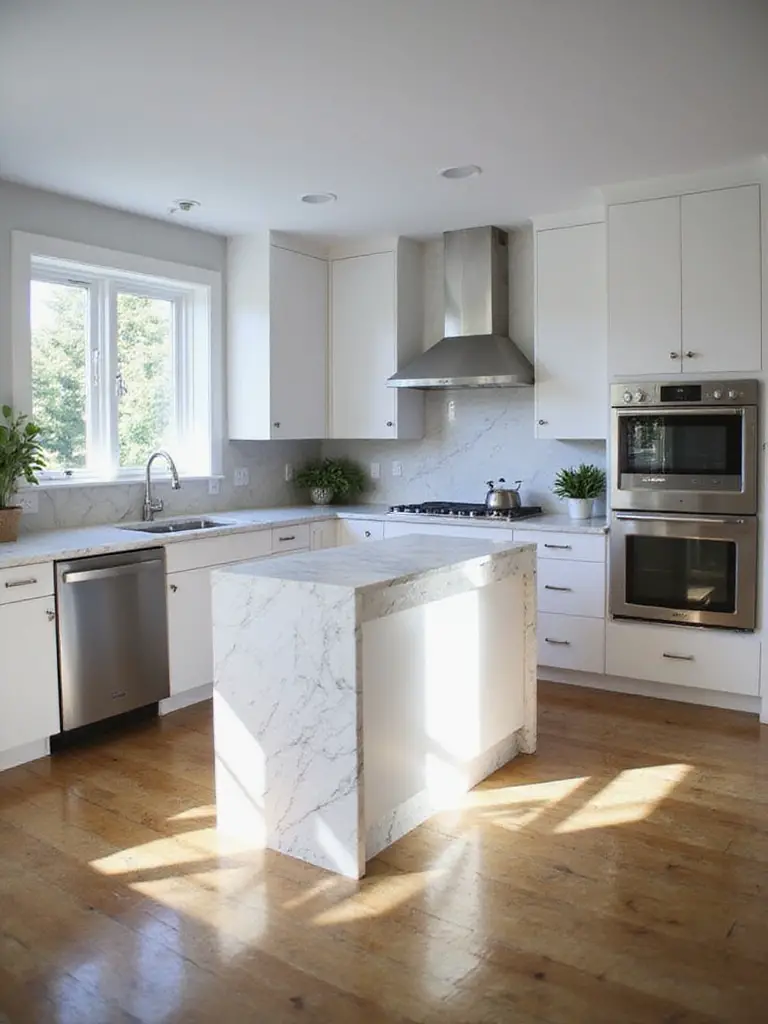 bright marble kitchen island