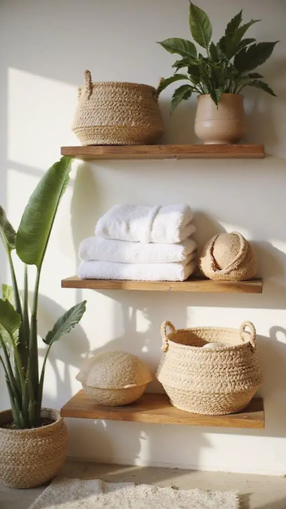 woven baskets enhance bathroom storage