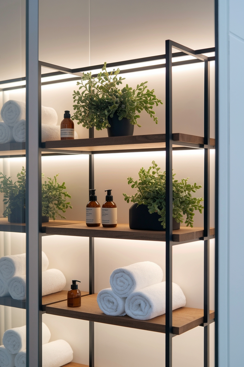 freestanding shelving enhances bathrooms