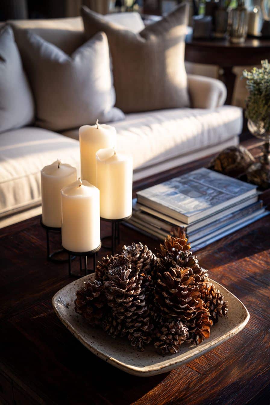 Arrange Pinecones and Candles on the Coffee Table