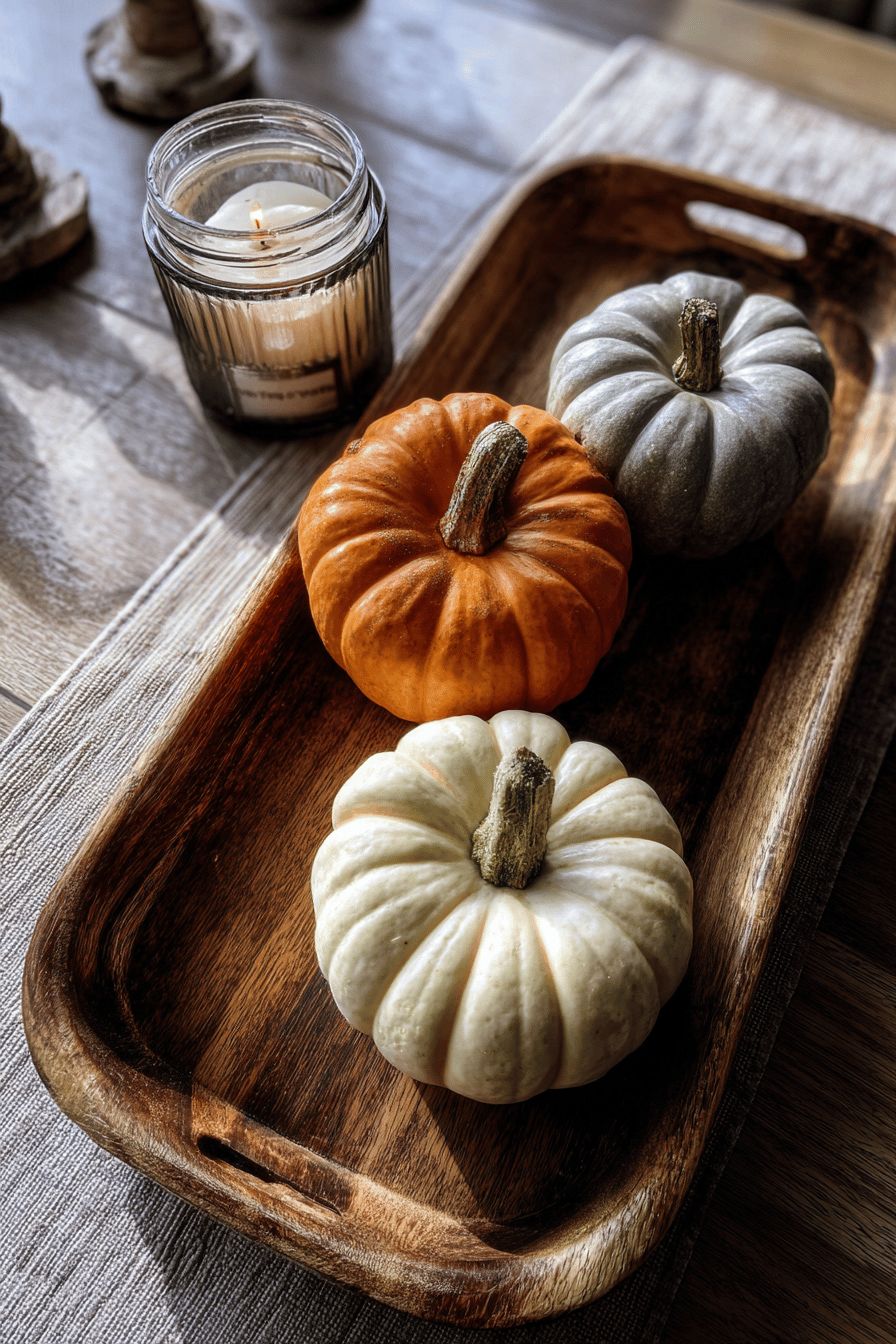 Arrange Pumpkins on a Wooden Tray for a Rustic Centerpiece