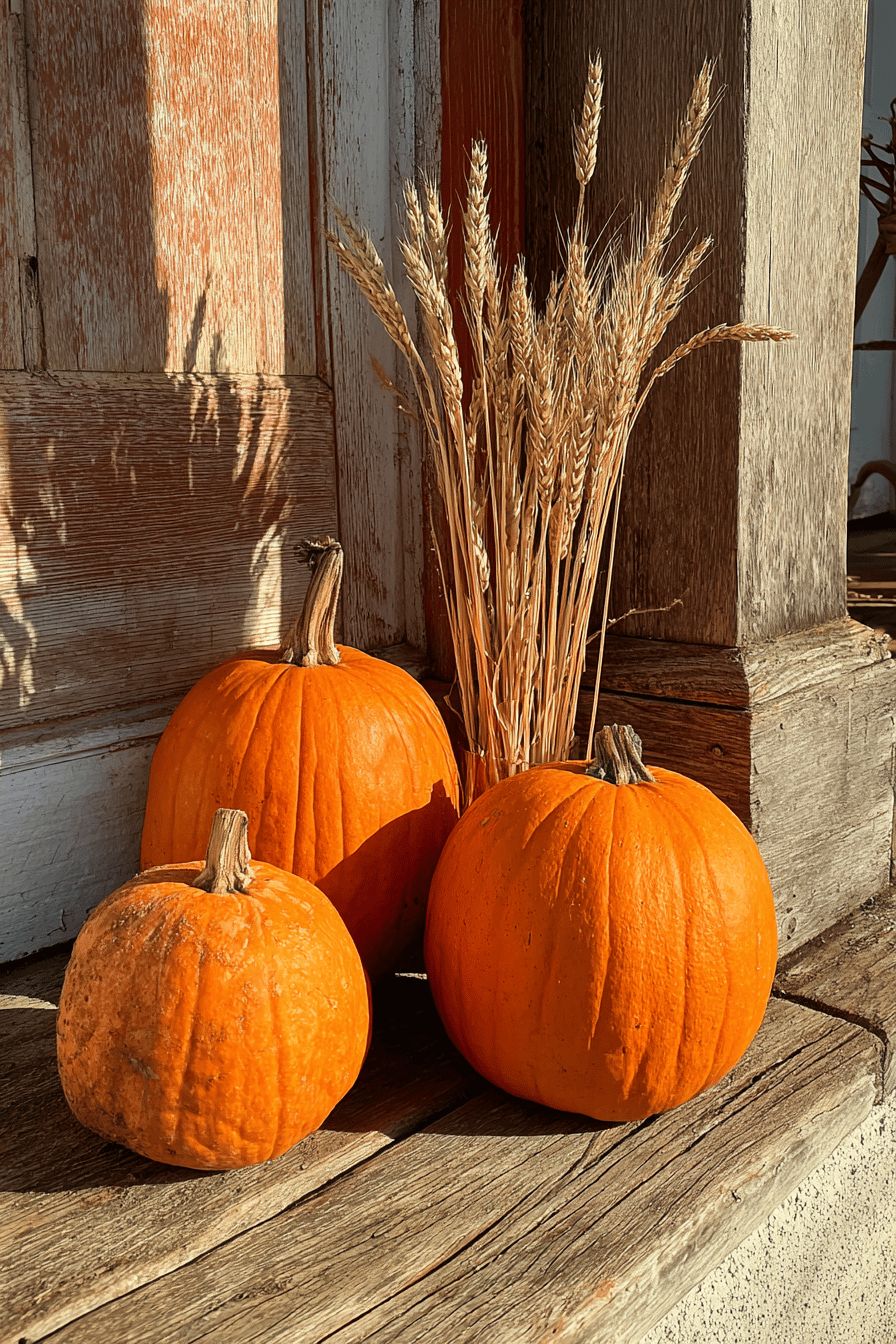Arrange Orange Pumpkins and Wheat Stalks on Your Porch