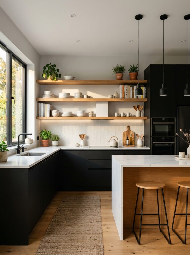Black and Natural Wood Kitchen Ideas