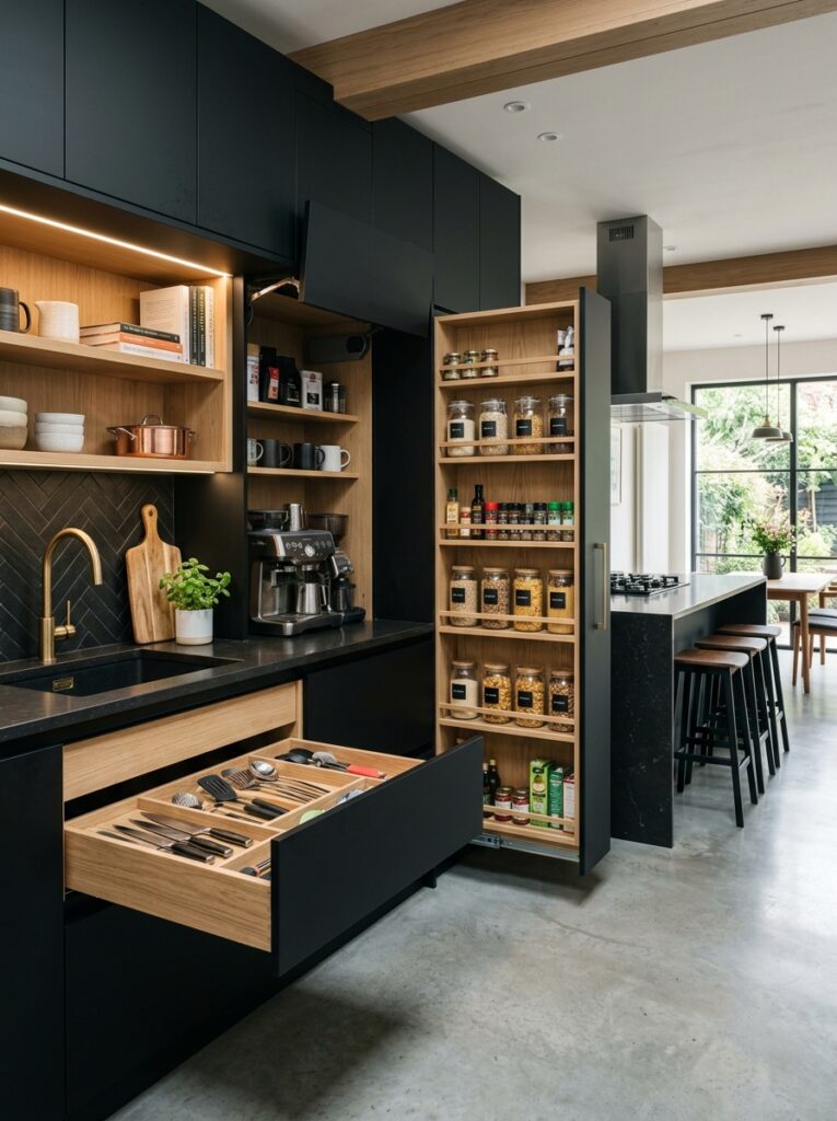 Black and Natural Wood Kitchen Ideas