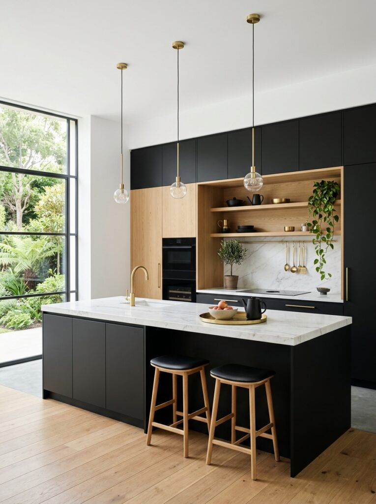 Black and Natural Wood Kitchen Ideas