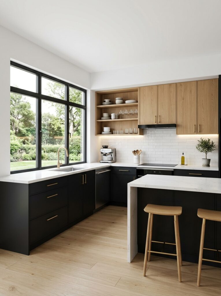 Black and Natural Wood Kitchen Cabinet Ideas
