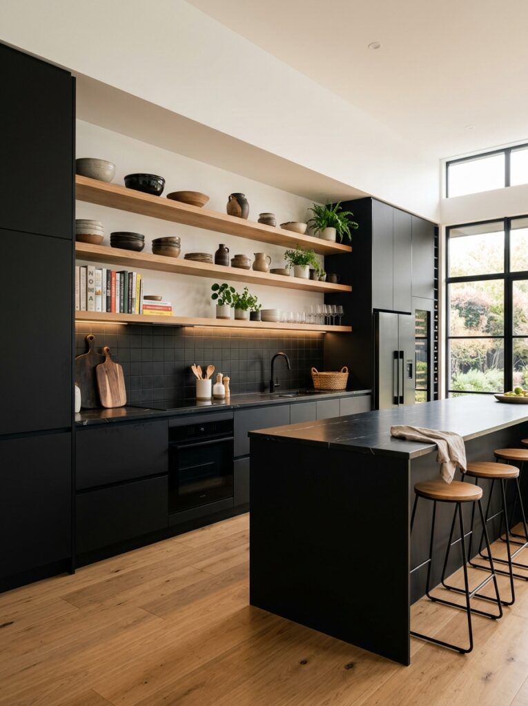 Black and Natural Wood Kitchen Cabinet Ideas