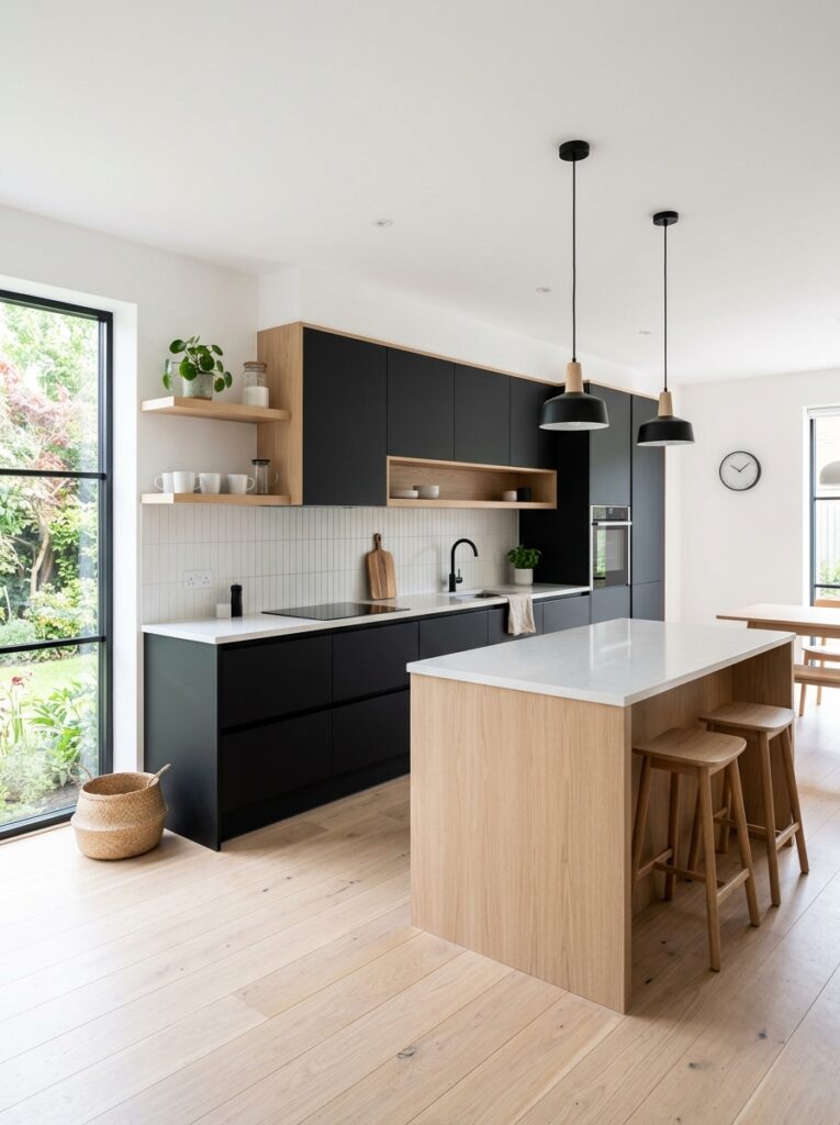 Black and Natural Wood Kitchen Cabinet Ideas