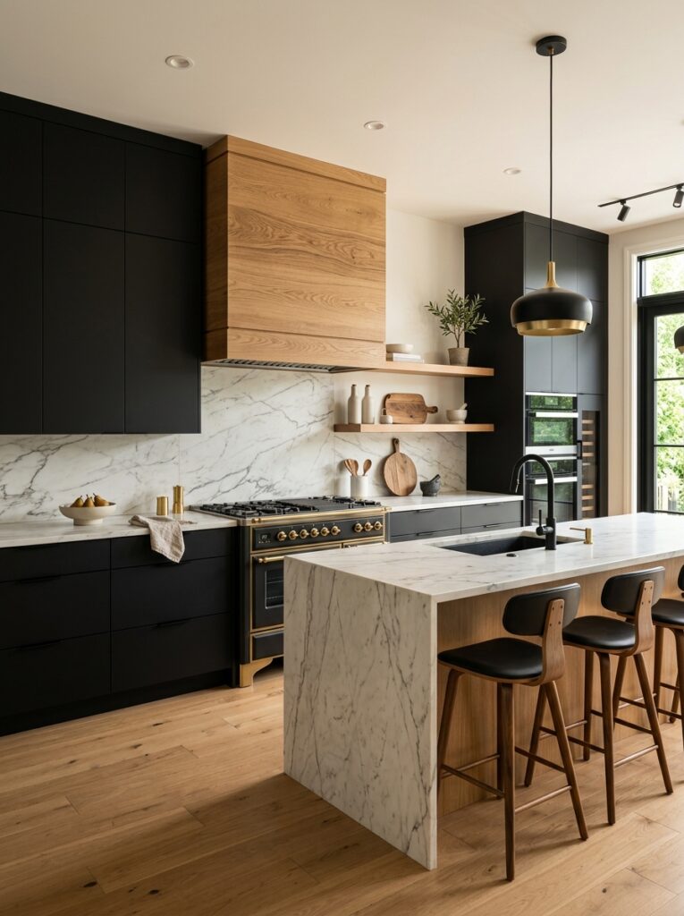 Black and Natural Wood Kitchen Cabinet Ideas